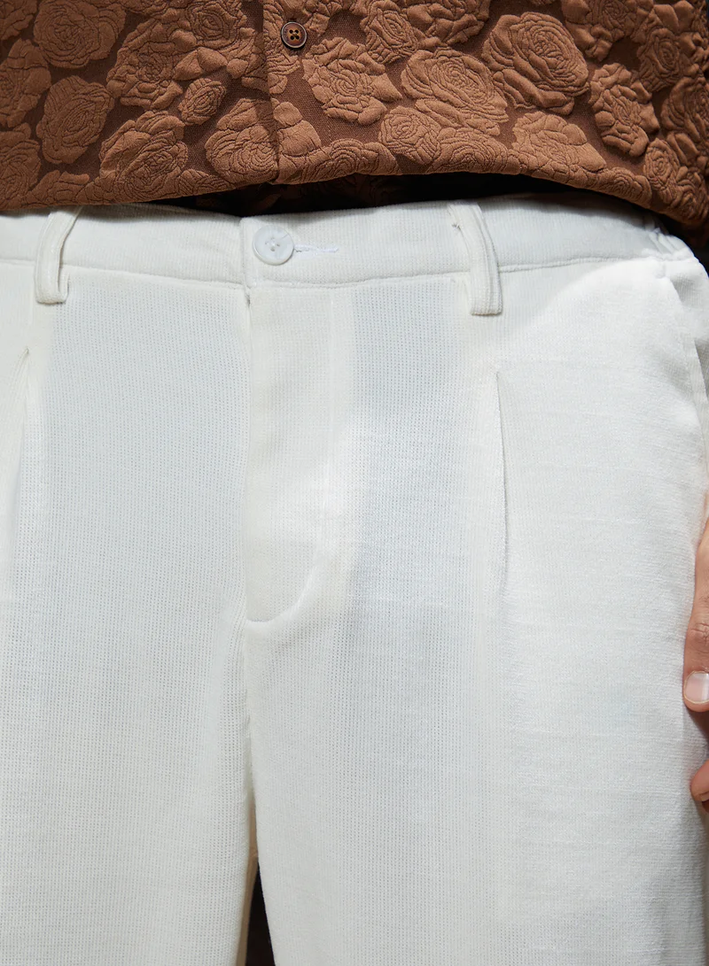 CAHOOT  Men's Cream White Waffle-Pleated Straight Trousers For Casual Wear | Mid-Rise | Straight Fit | Button Closure | Trousers Crafted With Comfort Fit For Everyday Wear for Men | Best Price UAE